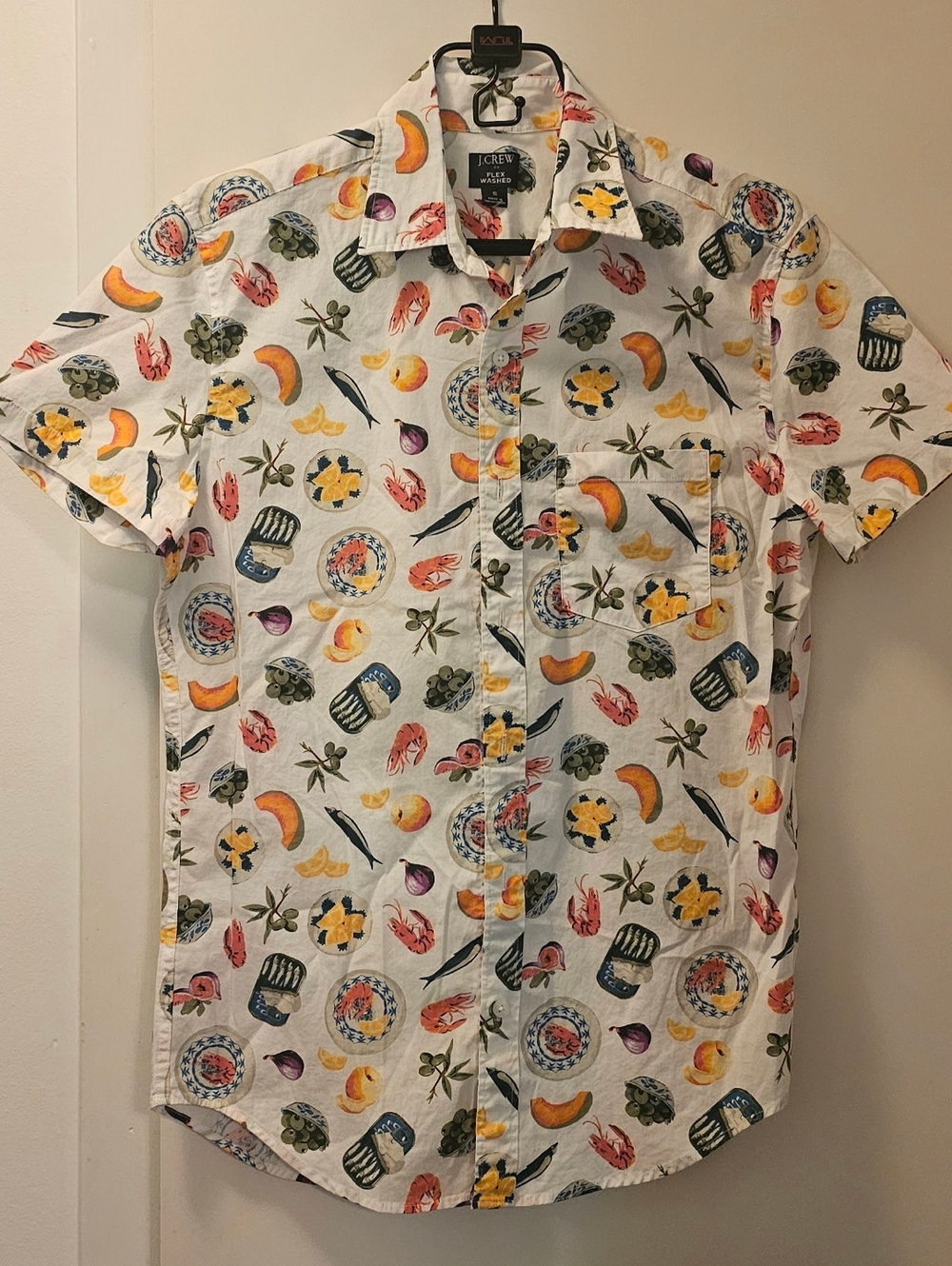 J. Crew NWT Men's Sm White Short-Sleeve Button-Down w/ Colorful "Seafood" Print